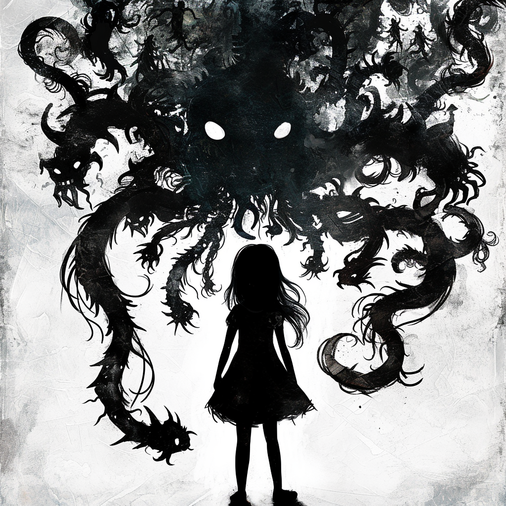 A girl surrounded by shadow monsters