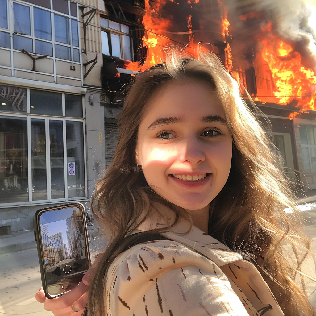 Girl Taking Selfie with Burning Building