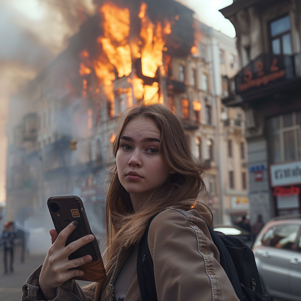 young girl taking selfie fire