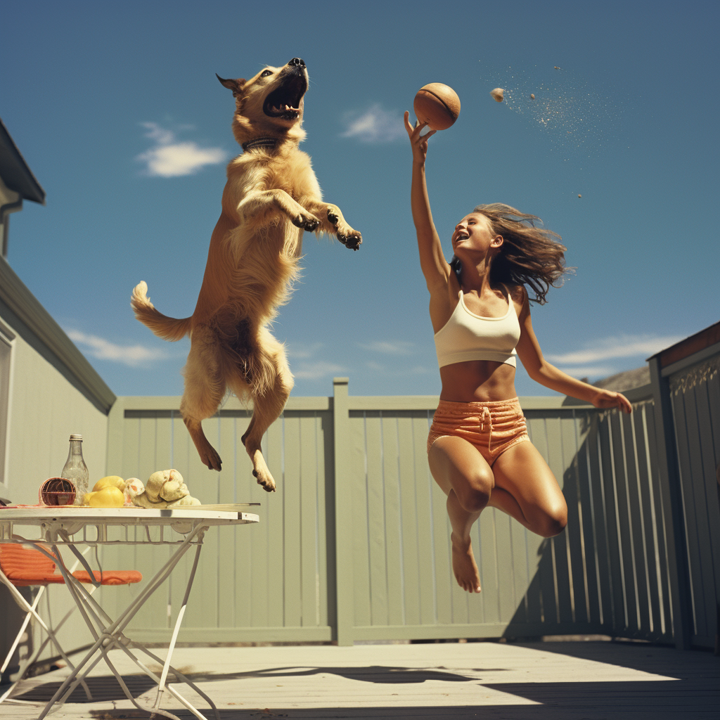 Girl tossing treat, dog mid-leap