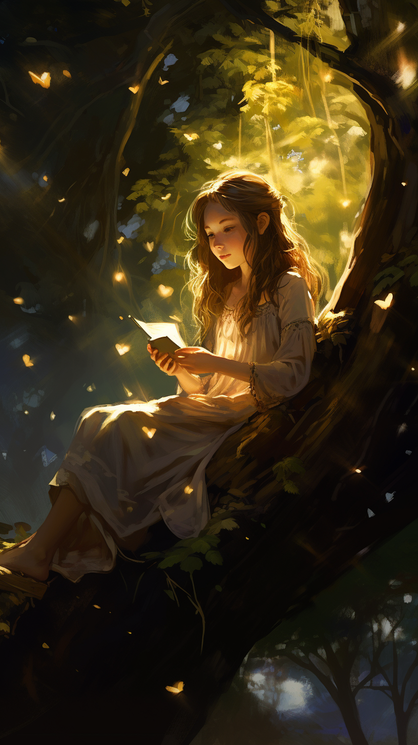 Serene girl under tree with shining light