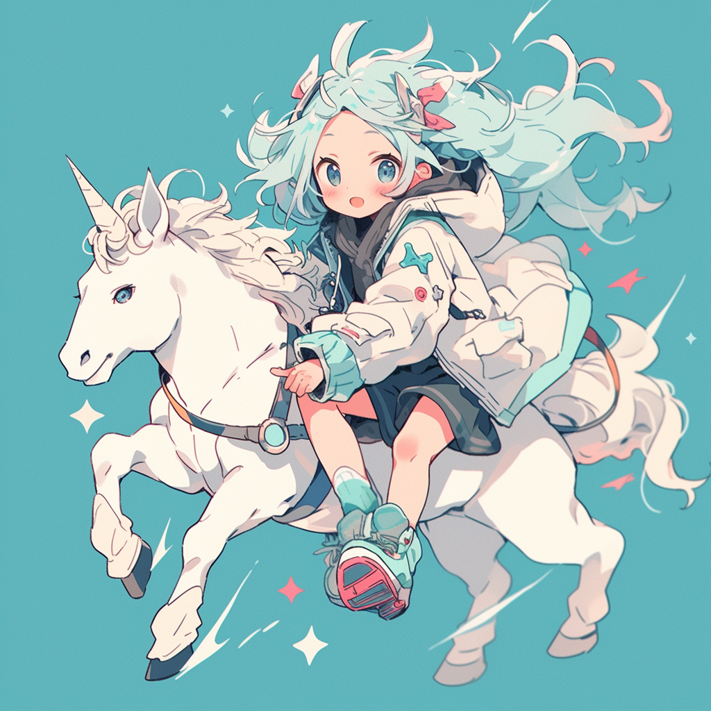 Young girl riding a white unicorn