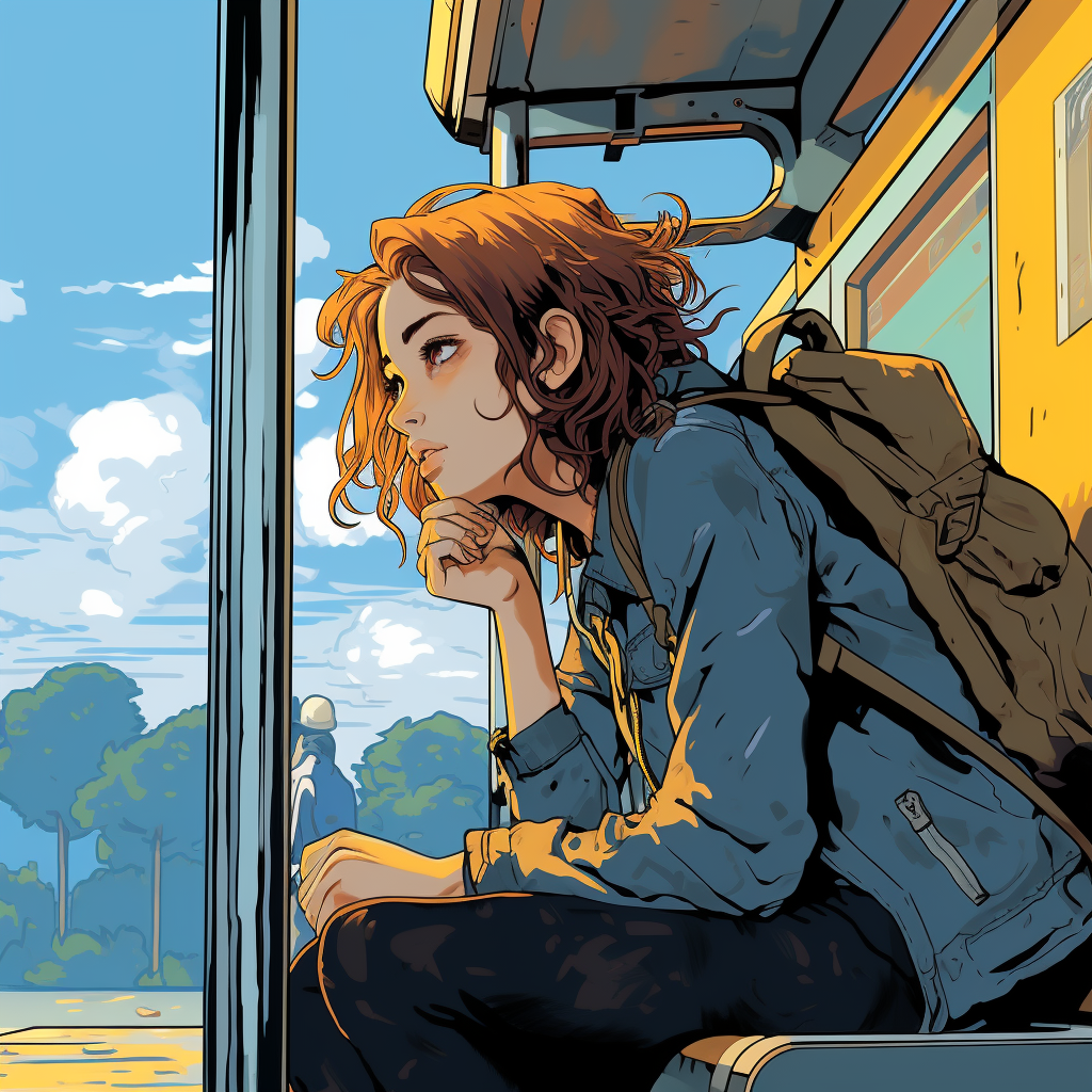 Girl waiting at comic-style bus stop