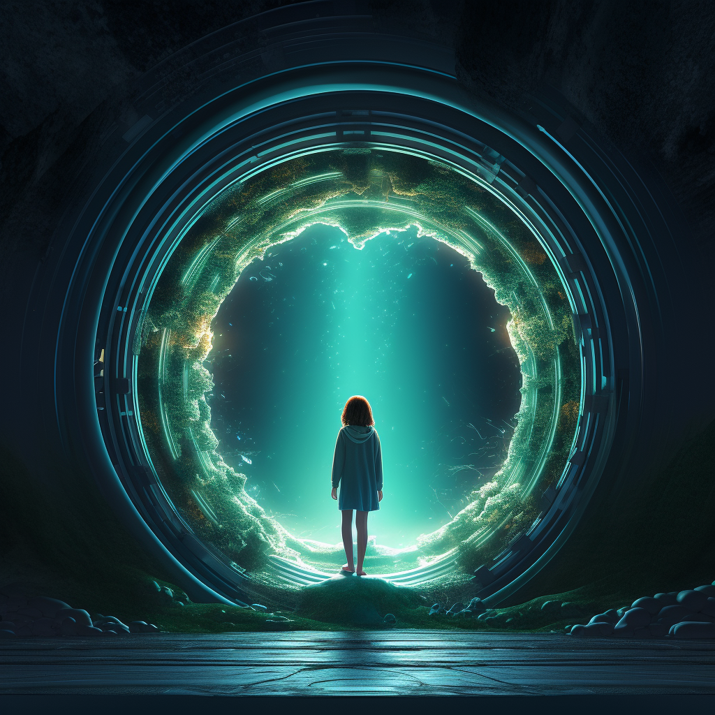 Girl walking through portal, magical adventure awaits!