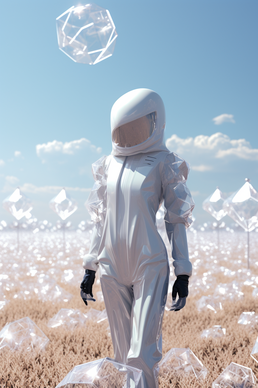 Girl in white spacesuit walking on crystal field