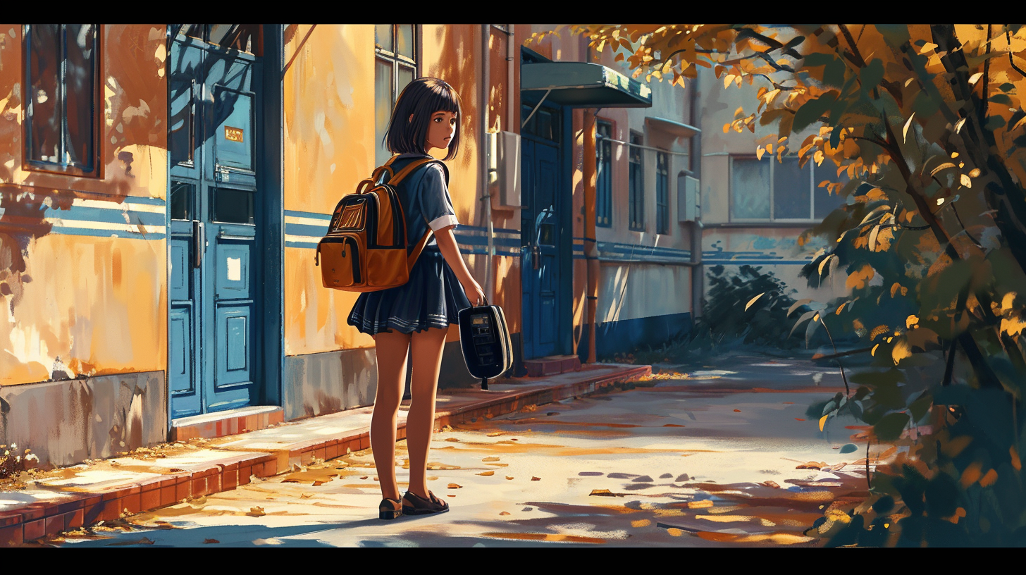 Girl walking through school yard with walkman