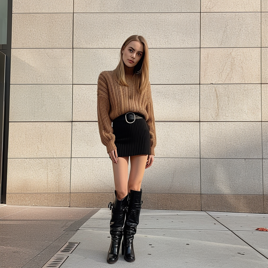 Girl in black skirt and brown sweater