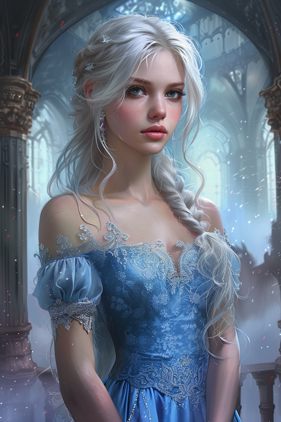 Young girl with white hair in blue dress in castle