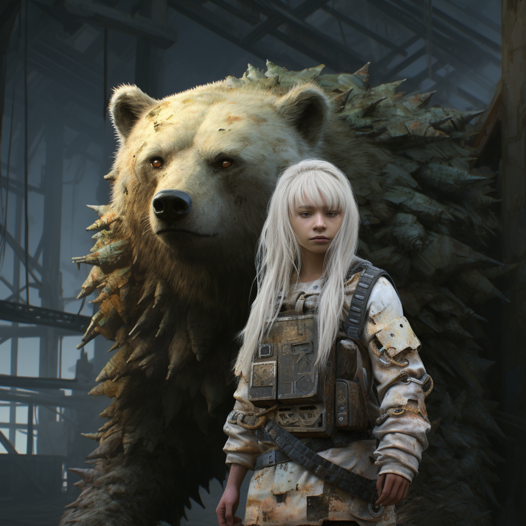 Girl with White Hair and Brown Bear in Forest