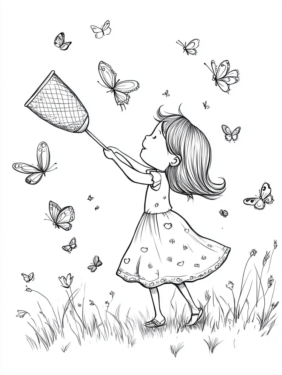 girl chasing butterflies coloring page