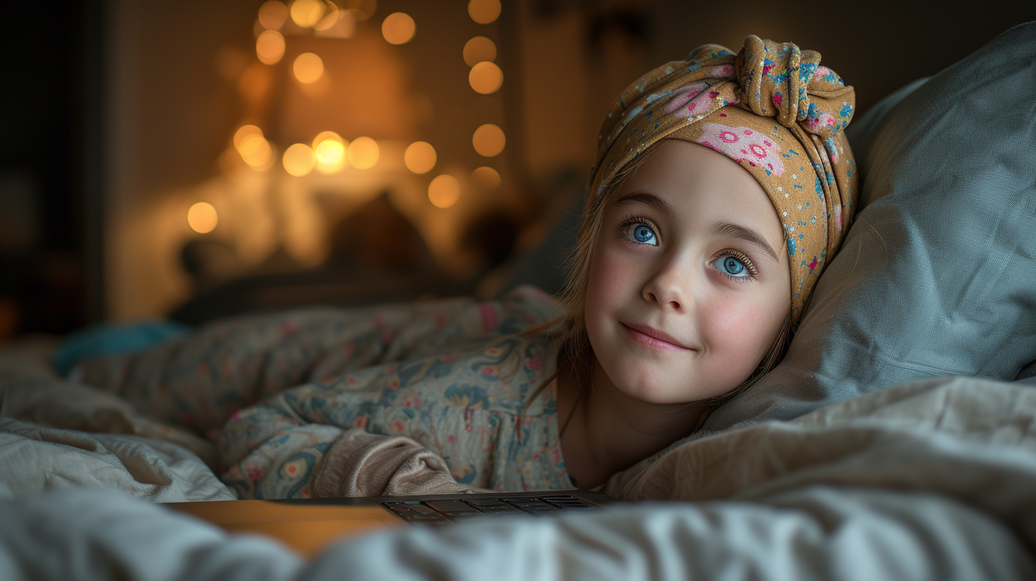 8-year-old girl with cancer using laptop and smiling in hospital bed