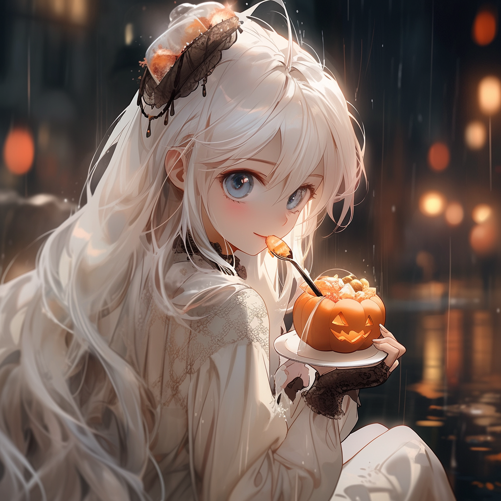 girl with white hair eating pudding from pumpkin bowl