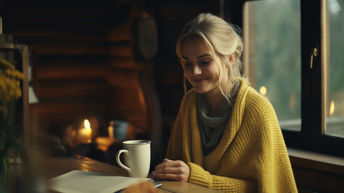 Girl in warm woolen sweater reading book