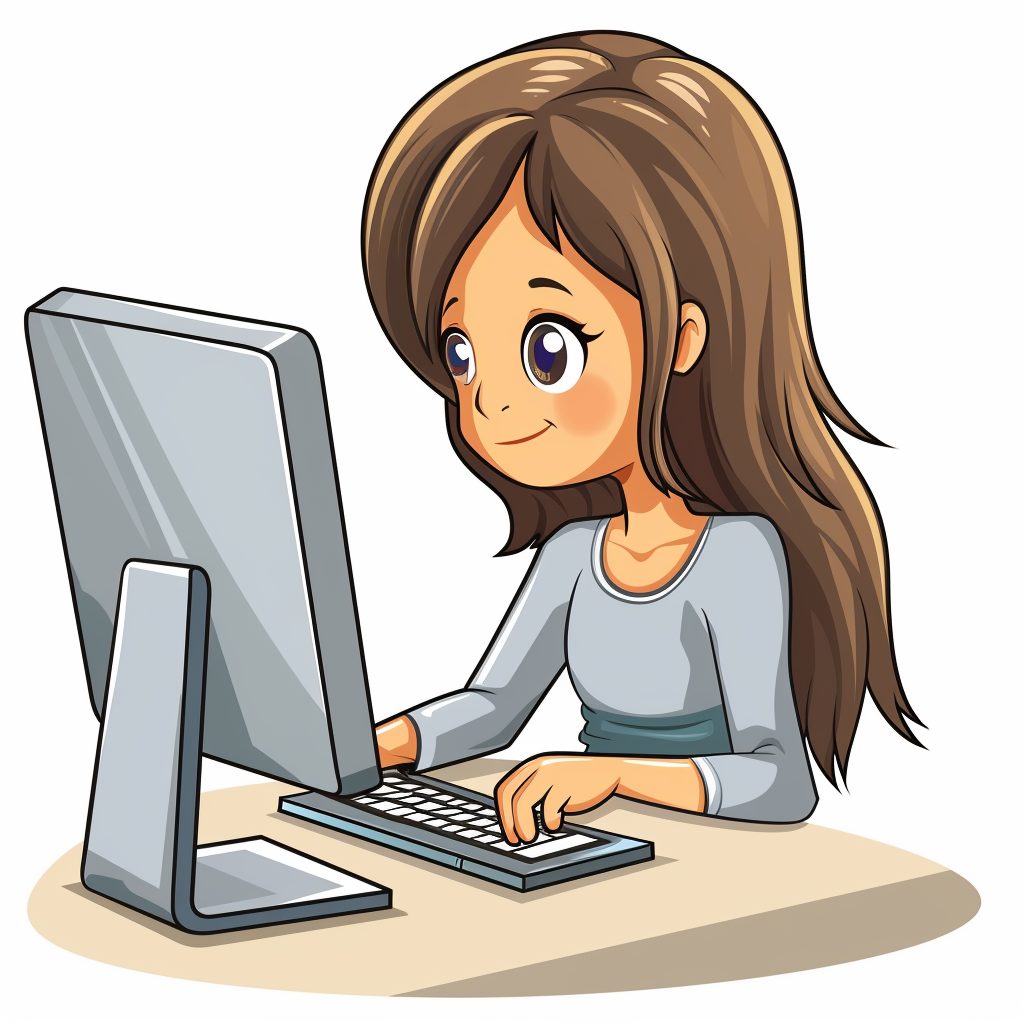 Girl Working at Computer Cartoon