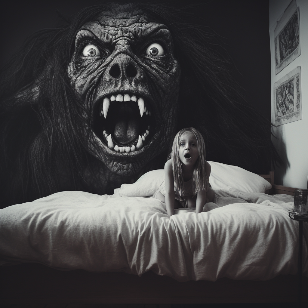 Girl on Bed with Monster Woman