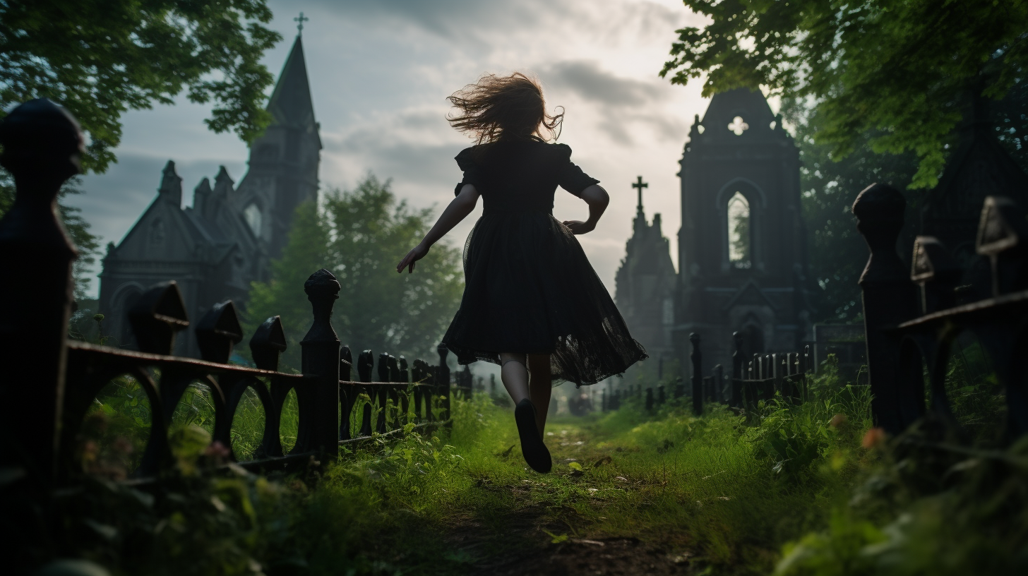 Girl in black dress running through green park