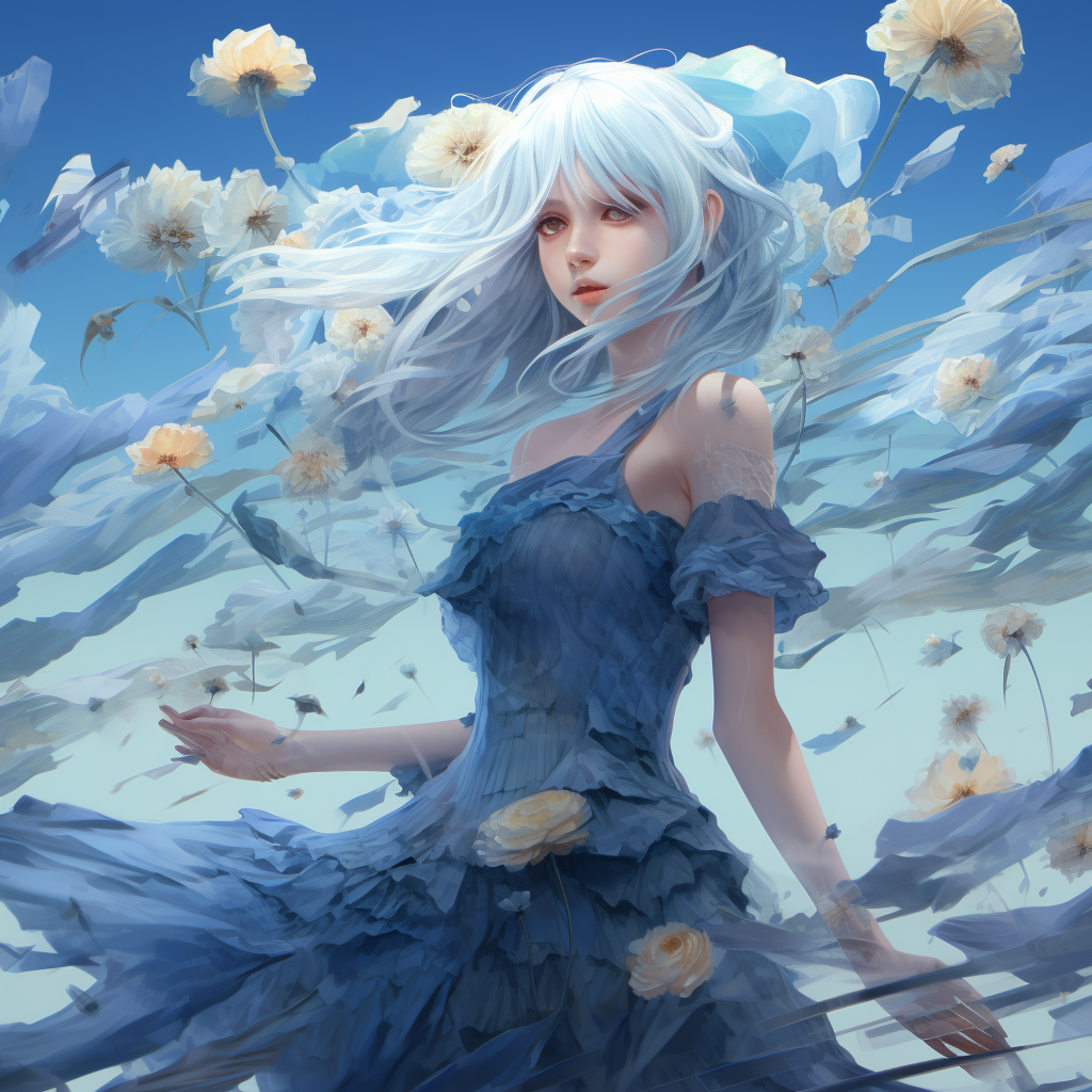 Translucent girl with blue hair and wind flowers