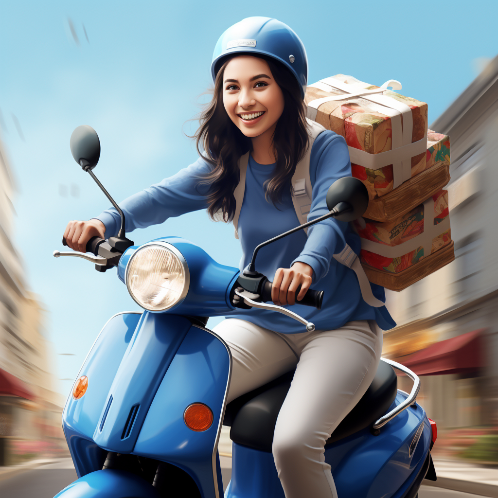 Girl delivering food on blue Vespa motorcycle