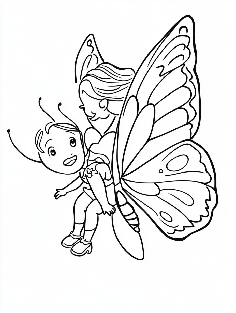 Girl Riding Giant Butterfly Coloring