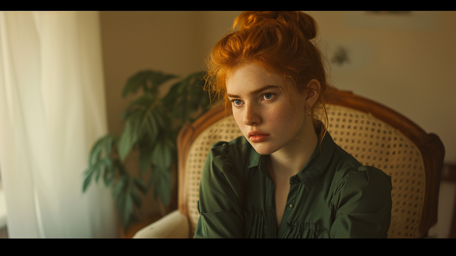 girl with ginger hair in green dress