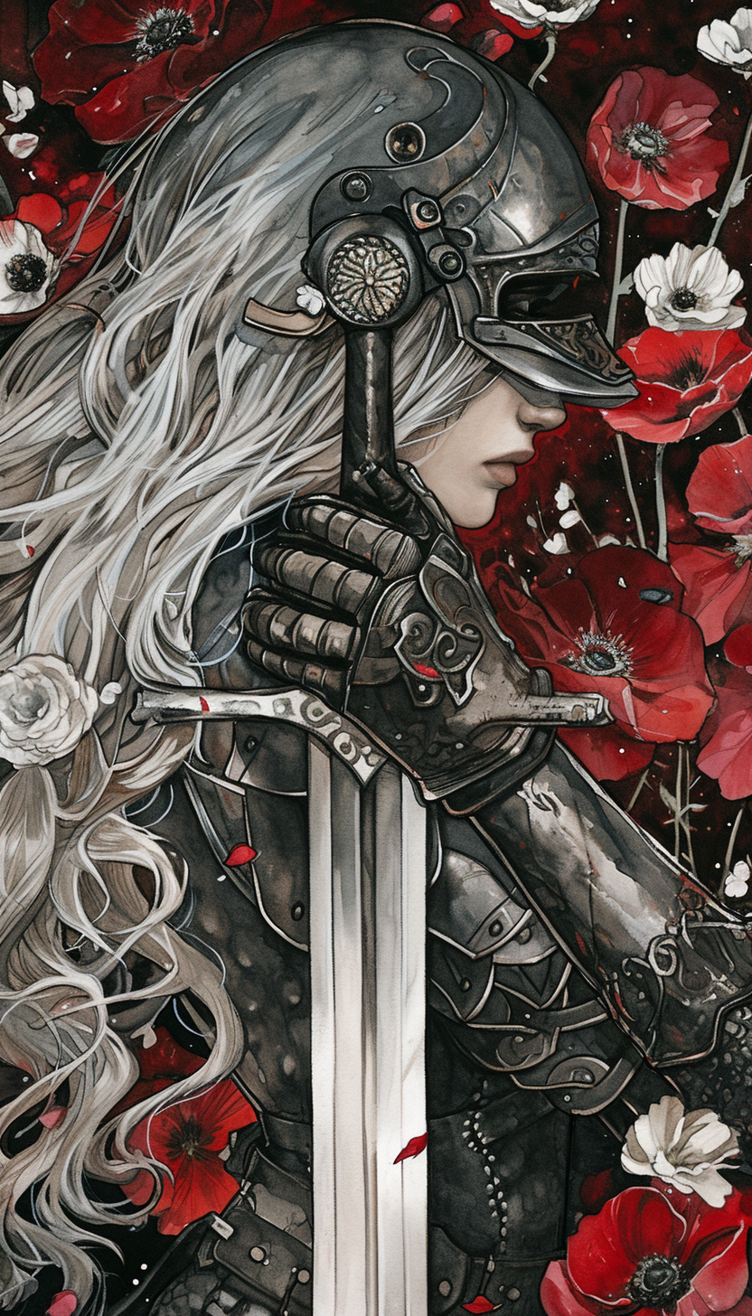 Girl in Gray Hair Armor with Sword