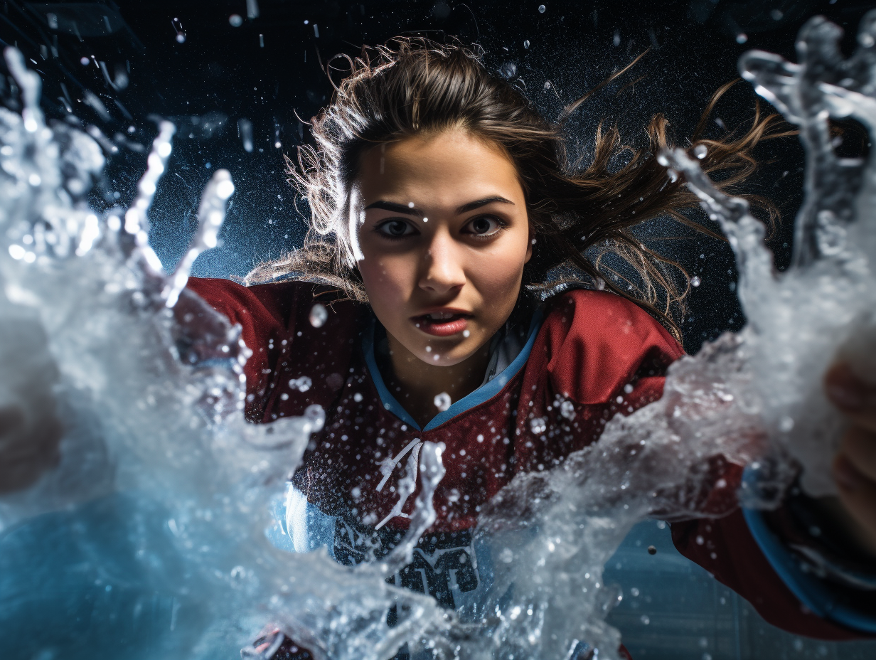 Girl hockey player stopping and spraying ice