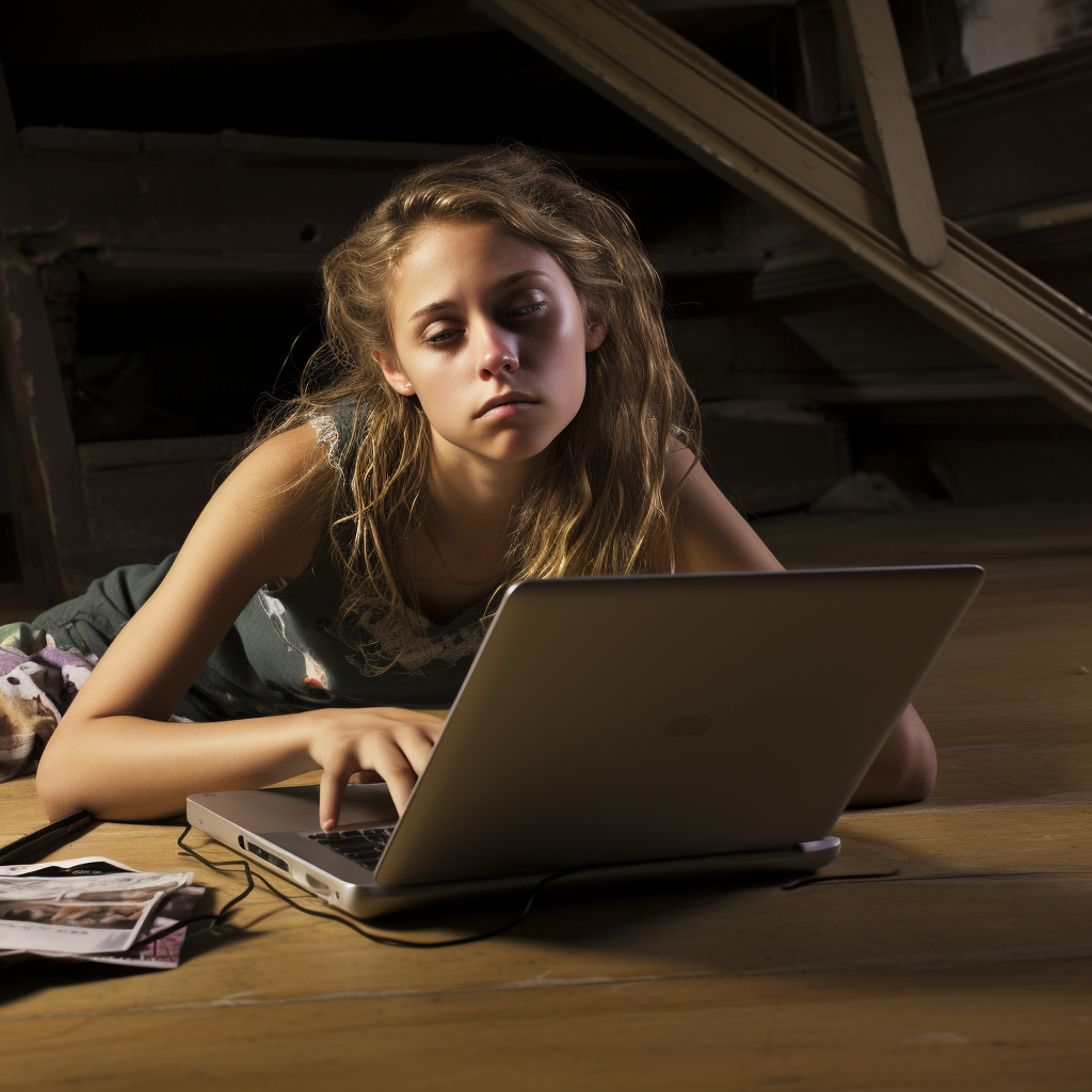 Middle school girl working on laptop