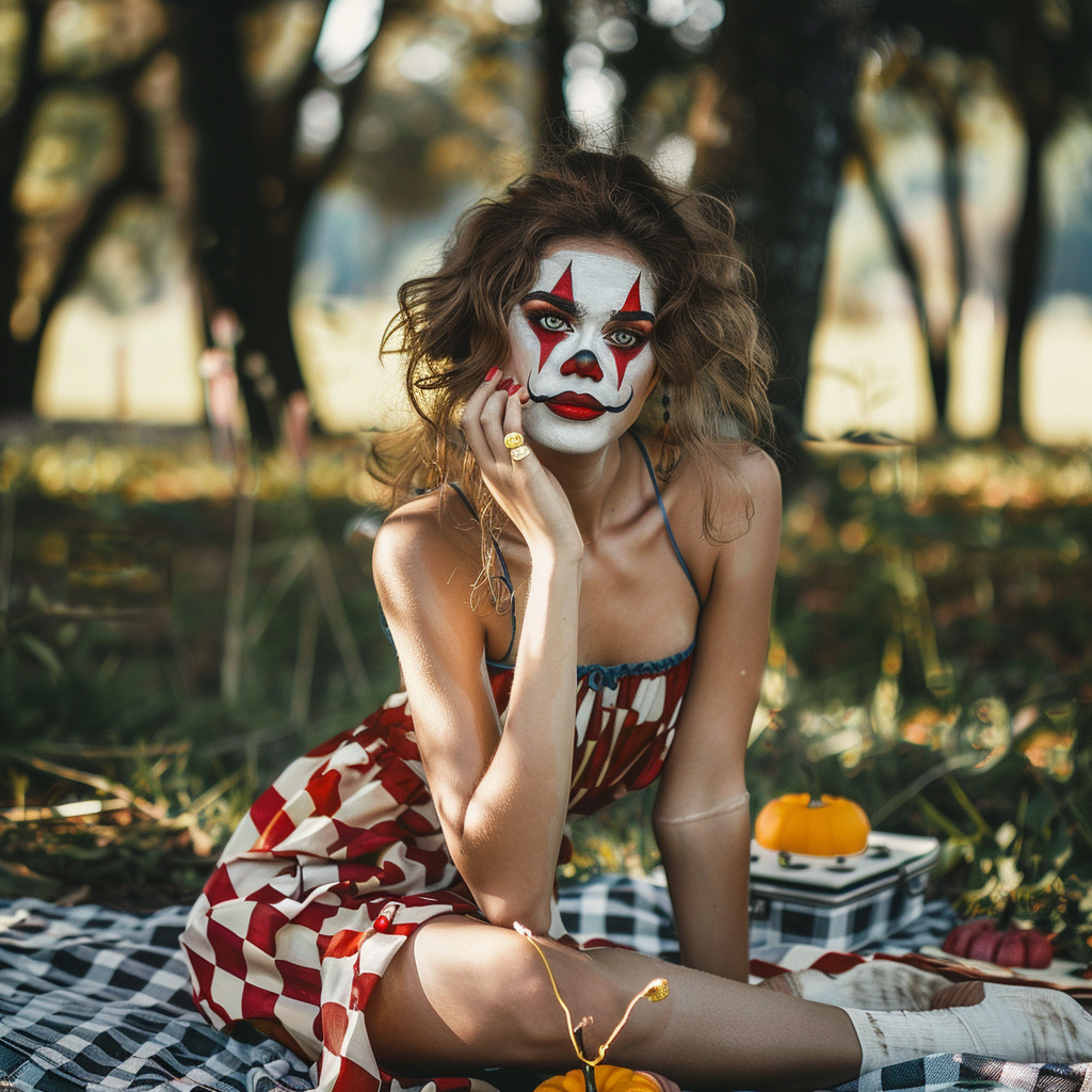 Girl in mini dress with clown makeup