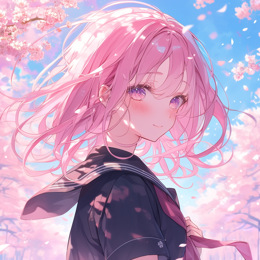 Girl with Pink Hair and Sailor Uniform, Cherry Blossoms