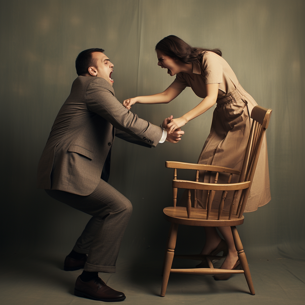 A girl pushing someone out of a chair forcefully