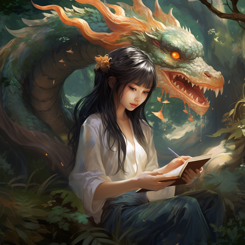 Girl reading book in forest with dragon