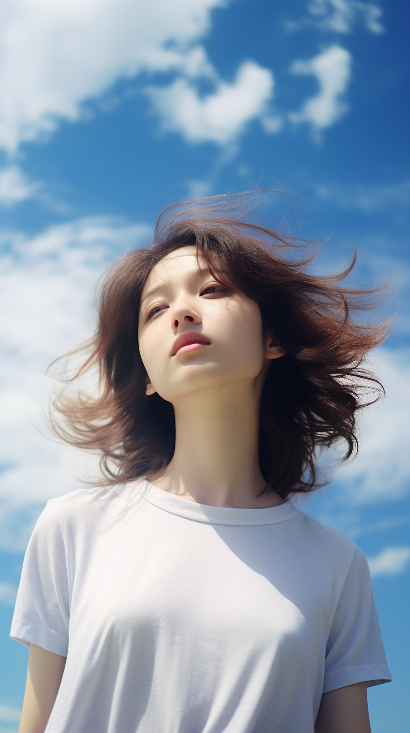 Girl with heavenly sky as backdrop