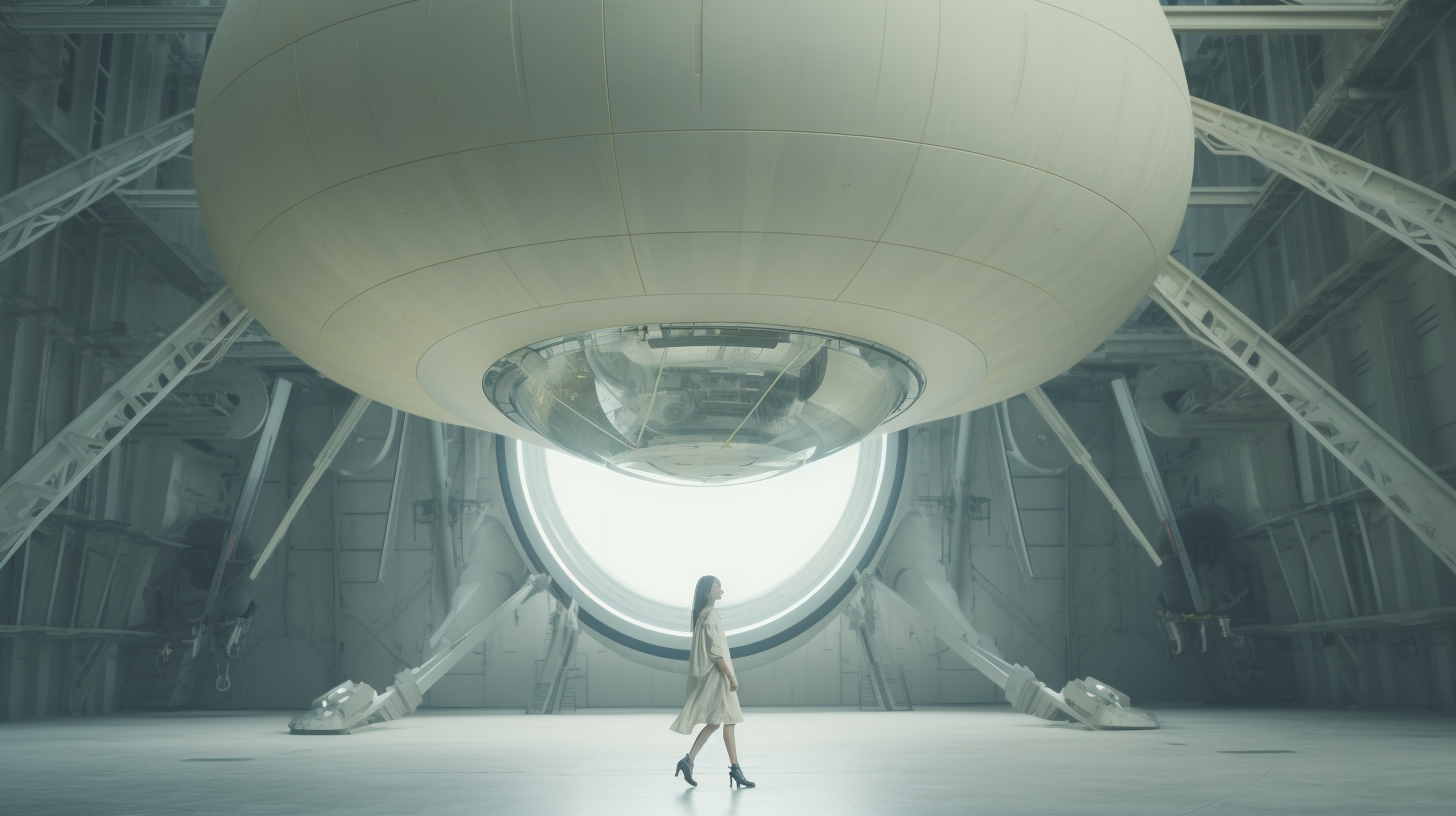 Girl in front of giant white spacecraft