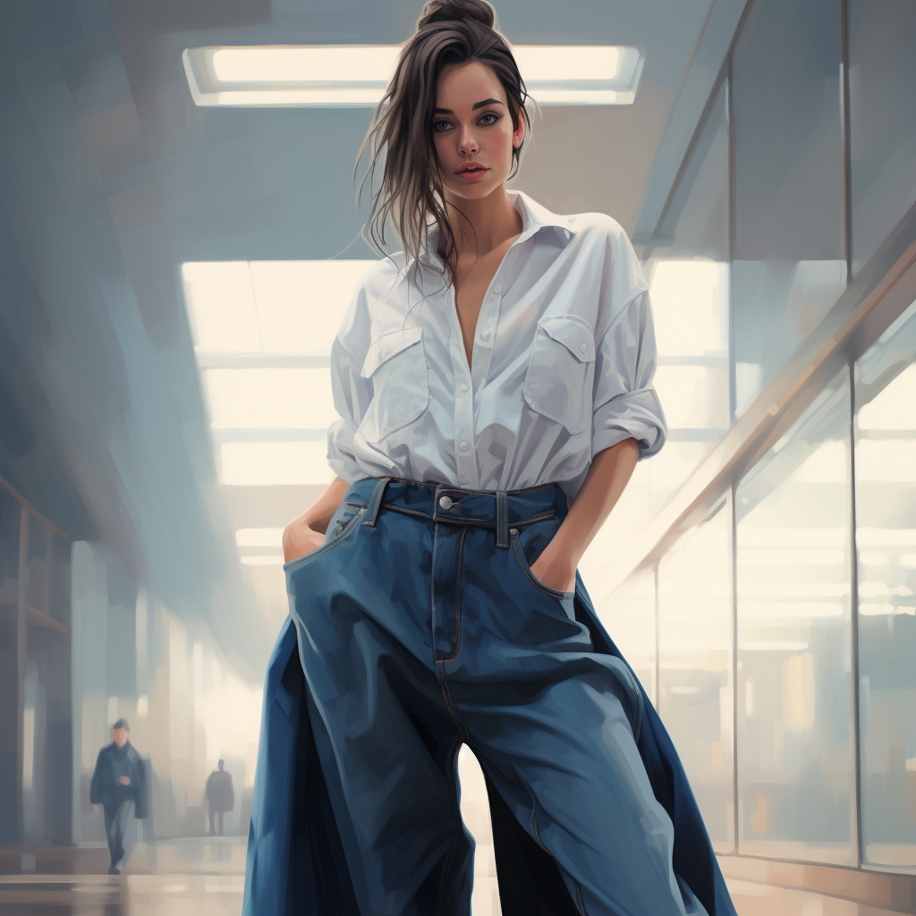 Stylish girl in oversized jeans and shirt