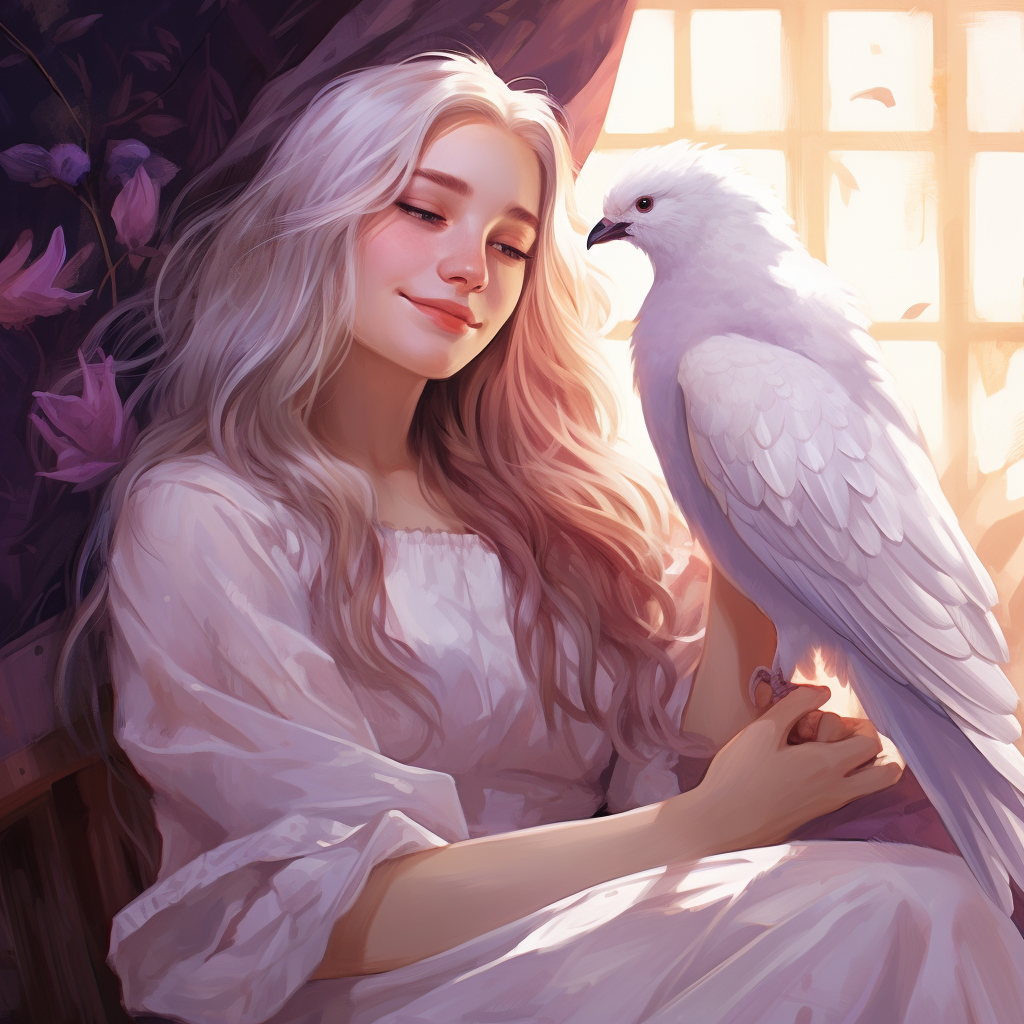 Girl with White Clothes and Purple Bird Smiling