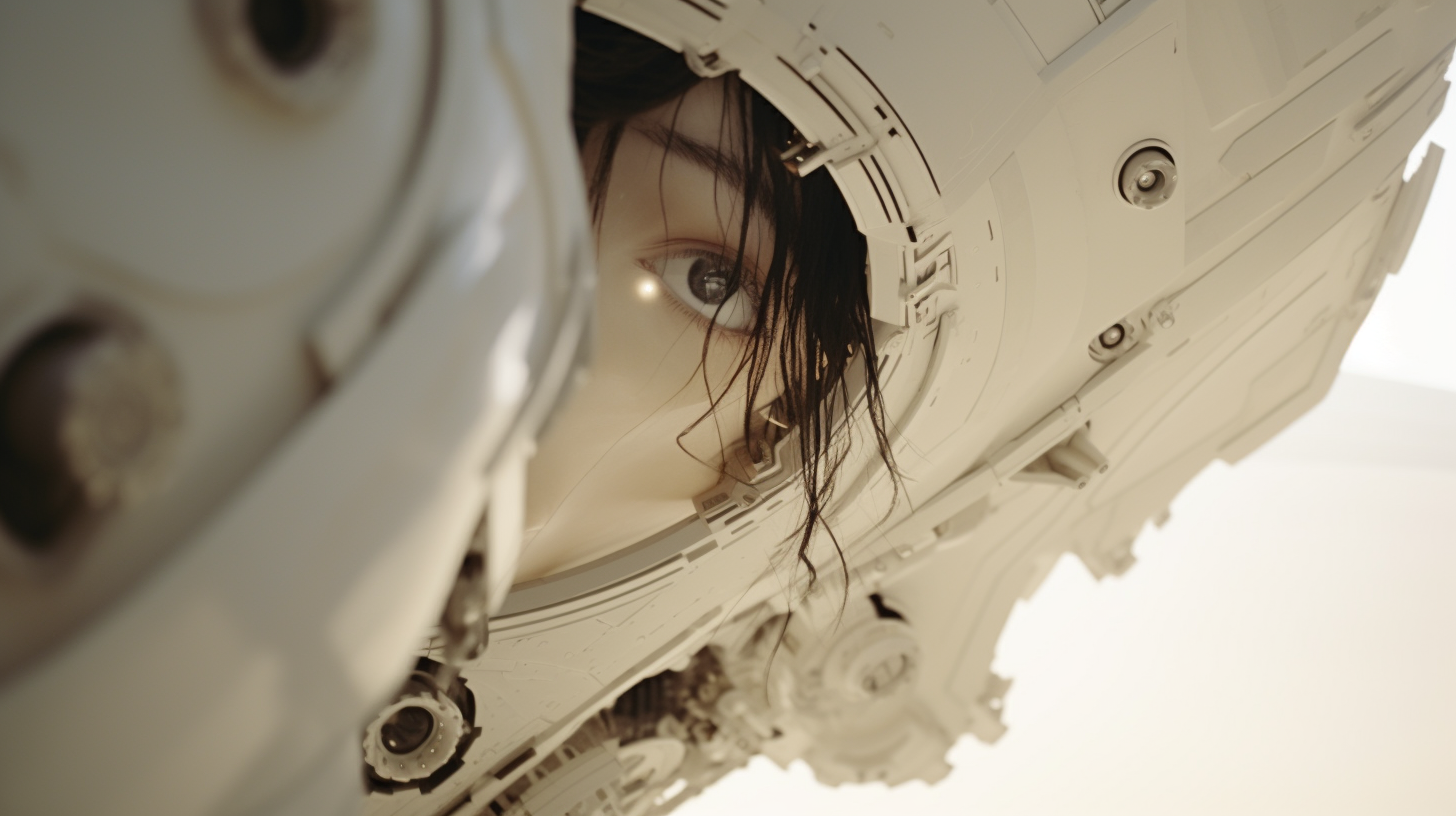 Girl in front of giant white spacecraft