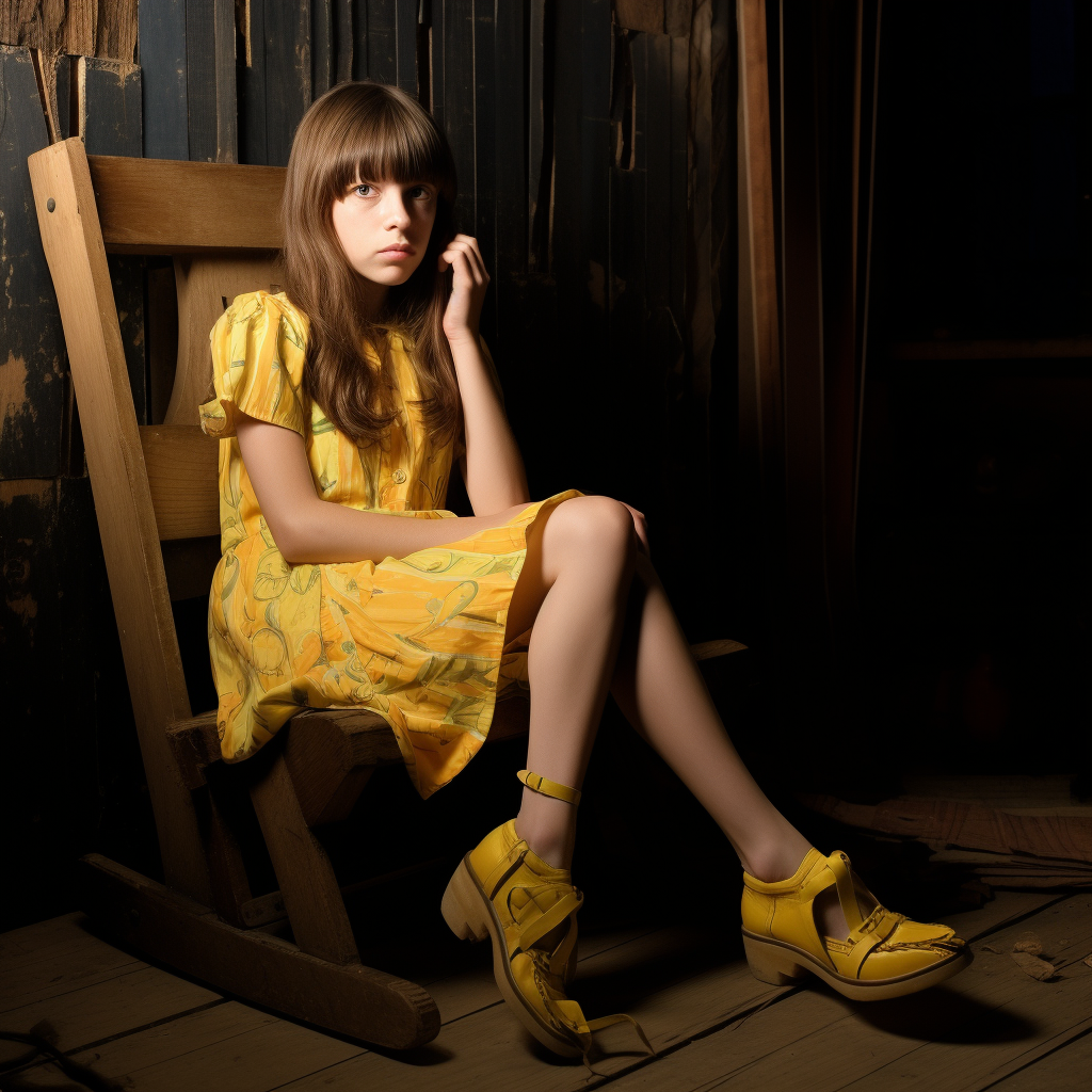 Smiling girl in yellow sundress sitting on an uncomfortable chair