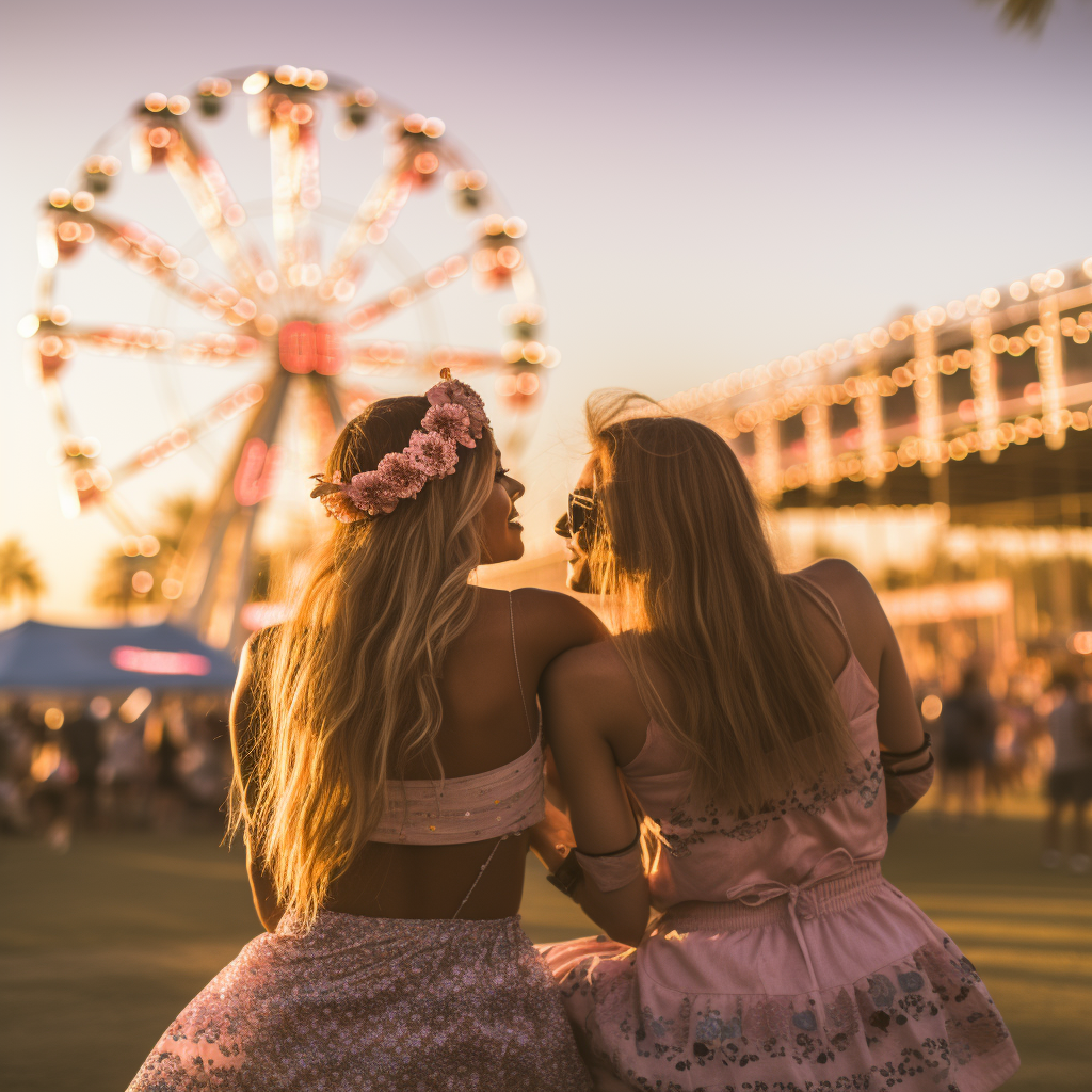 Happy girlfriends enjoying Coachella's music festival vibes