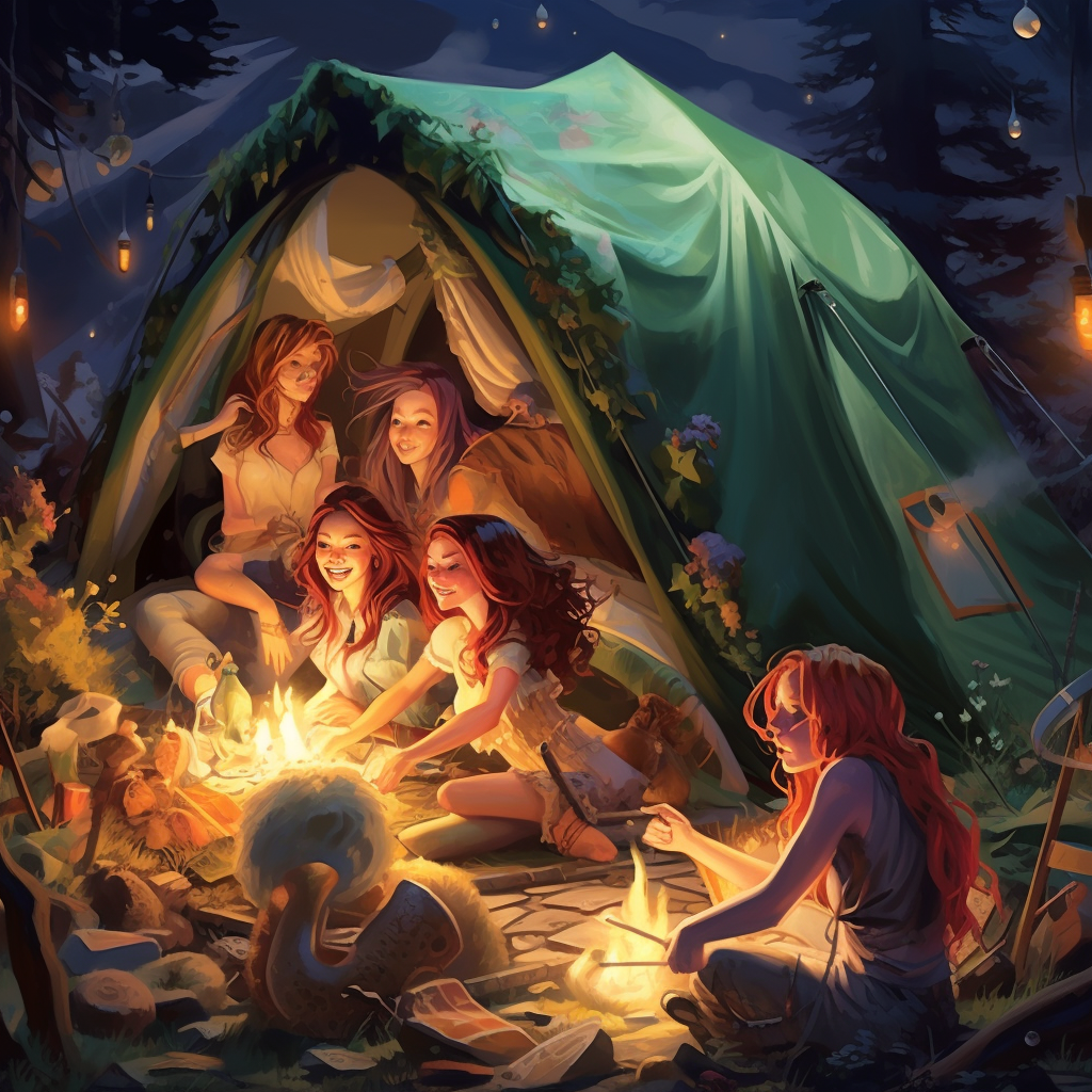 Group of girls camping in a tent