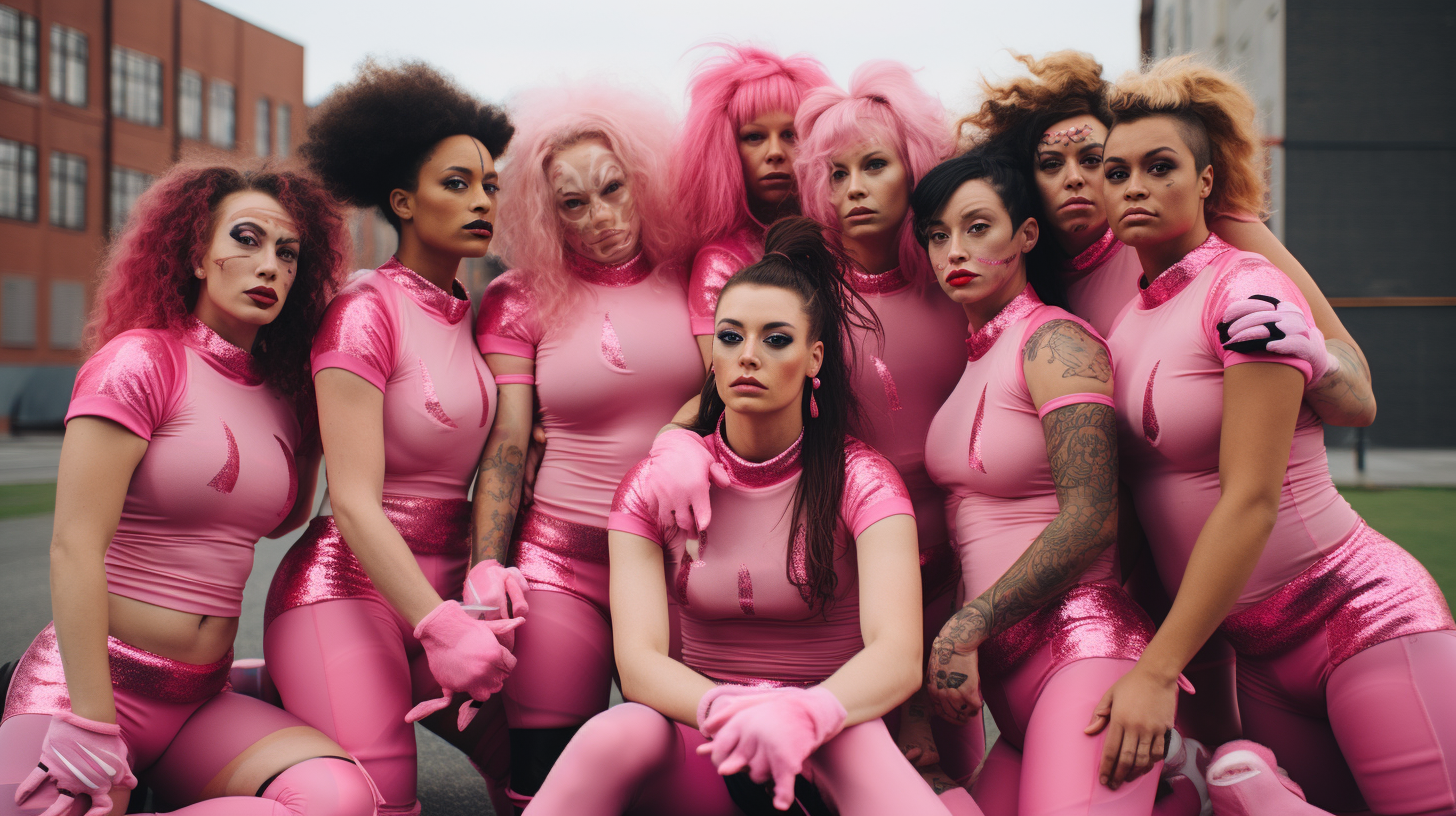 Diverse Football Team in Pink Jerseys on Field