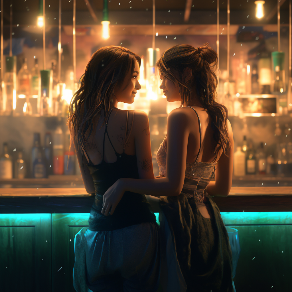 Two girls holding hands in front of a bar