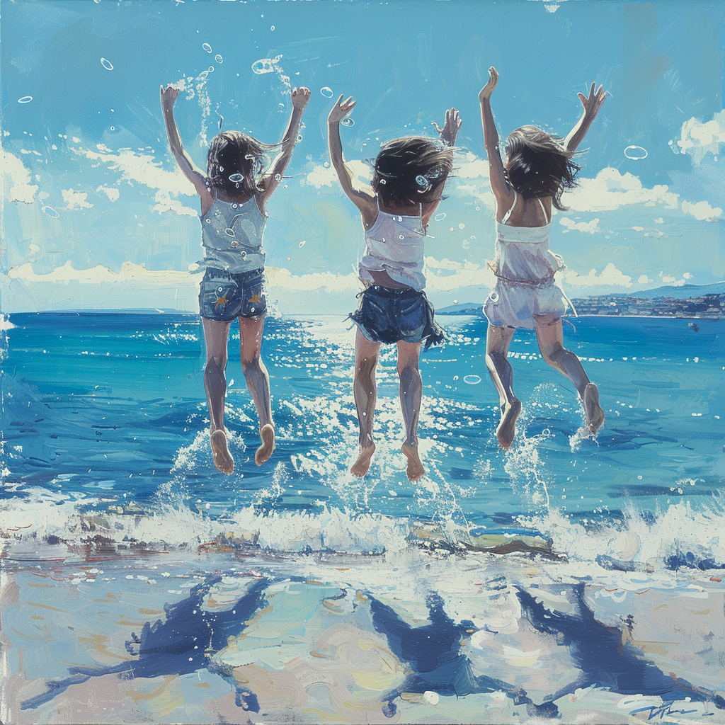 Four girls jumping blue sea