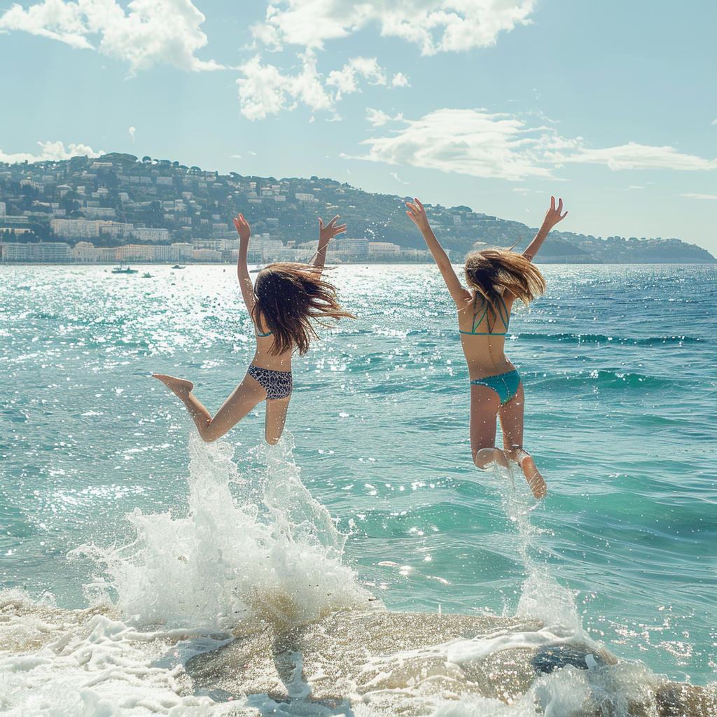 Girls Jumping into Blue Sea