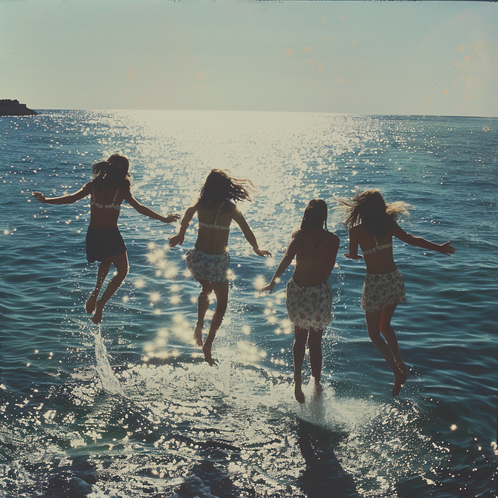 Girls jumping in sea sunlight