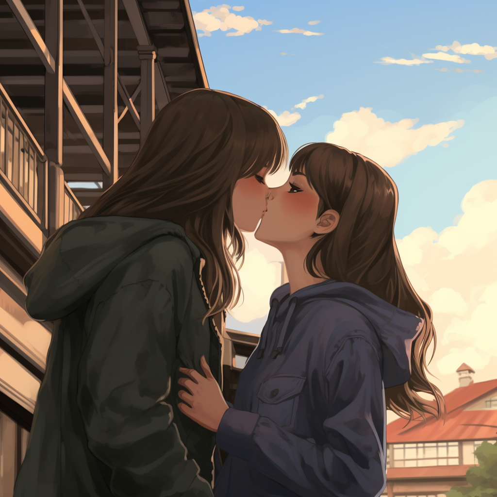 Two girls kissing Ghibli style