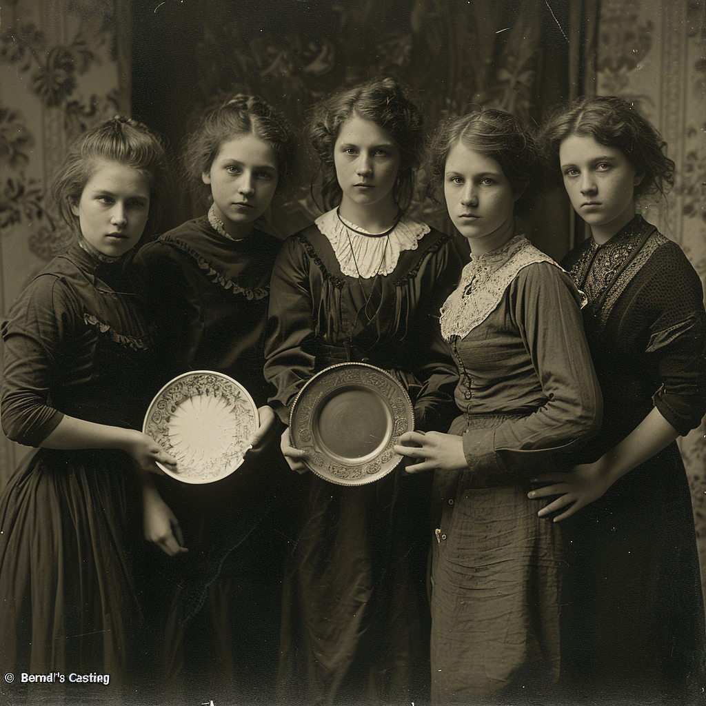 Girls holding a plate in a photo studio