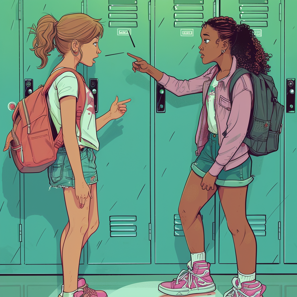 Girls pointing shoes near school locker