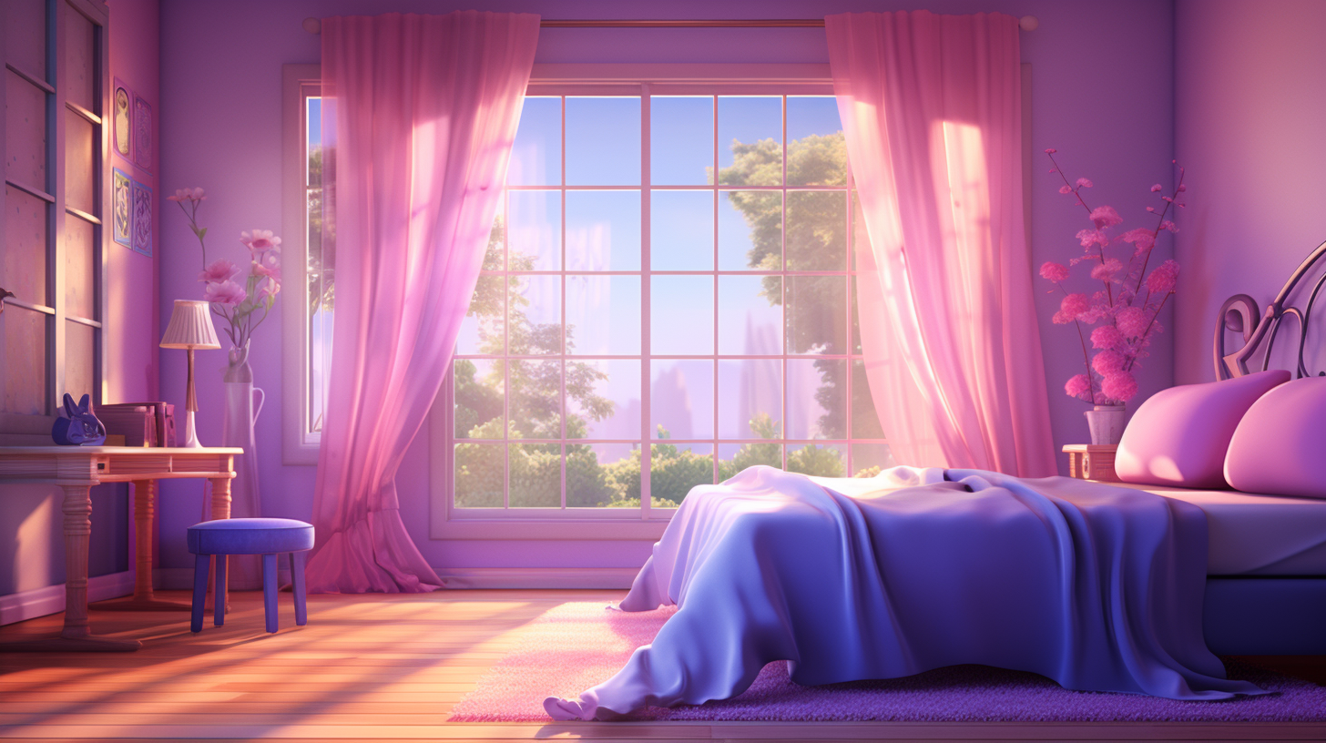 Girly room with pink bed and purple curtains