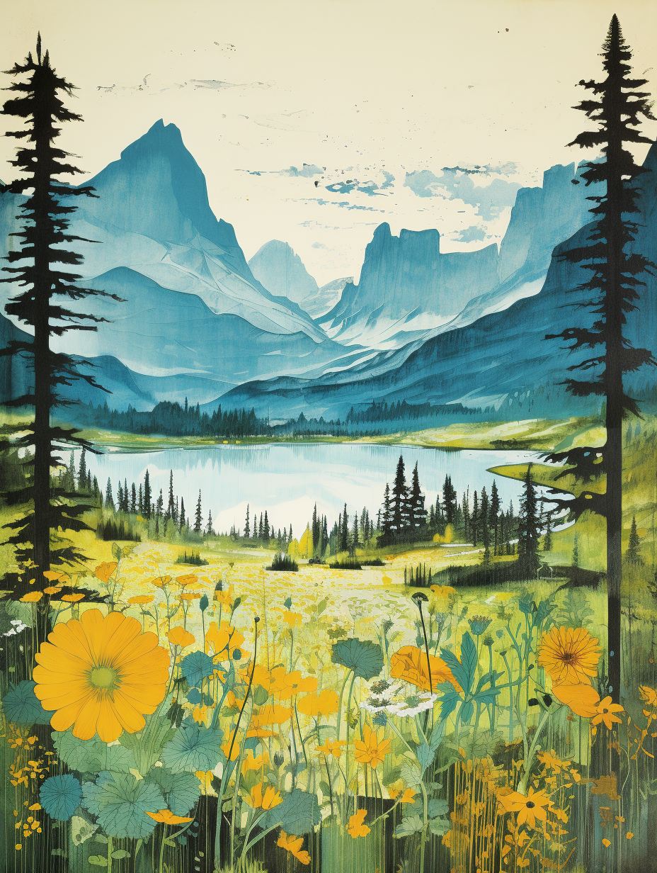 Beautiful travel poster of Glacier National Park