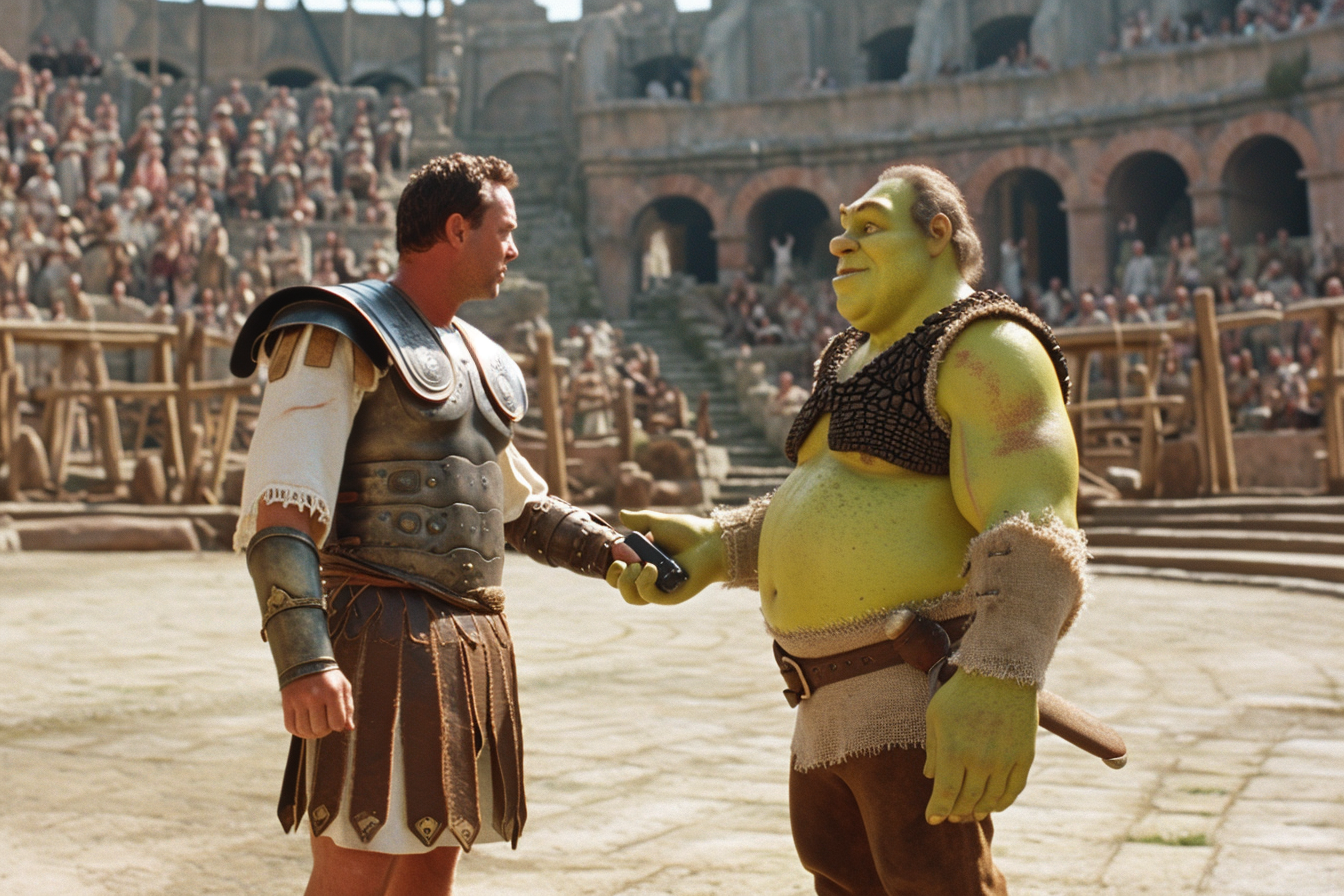 Gladiator handing TV remote control to Shrek